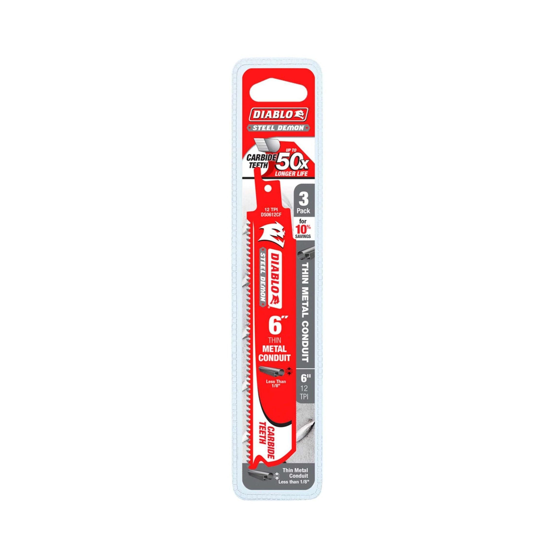 The Diablo DS0612CF3 Steel Demon 6 blades pack includes three 12TPI blades with carbide teeth for cutting thin metal conduit, featuring a distinctive red and gray design that offers precision and promises durability with a life 5x longer.