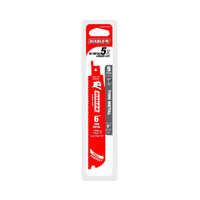 The image displays Diablos DS0620BF5 packaging, highlighting a red and white design with 6-inch, 20/24 TPI bi-metal blades for thin metal cutting, promising 5x longer life due to its ultra-hardened edge. Comes in a 5-pack.