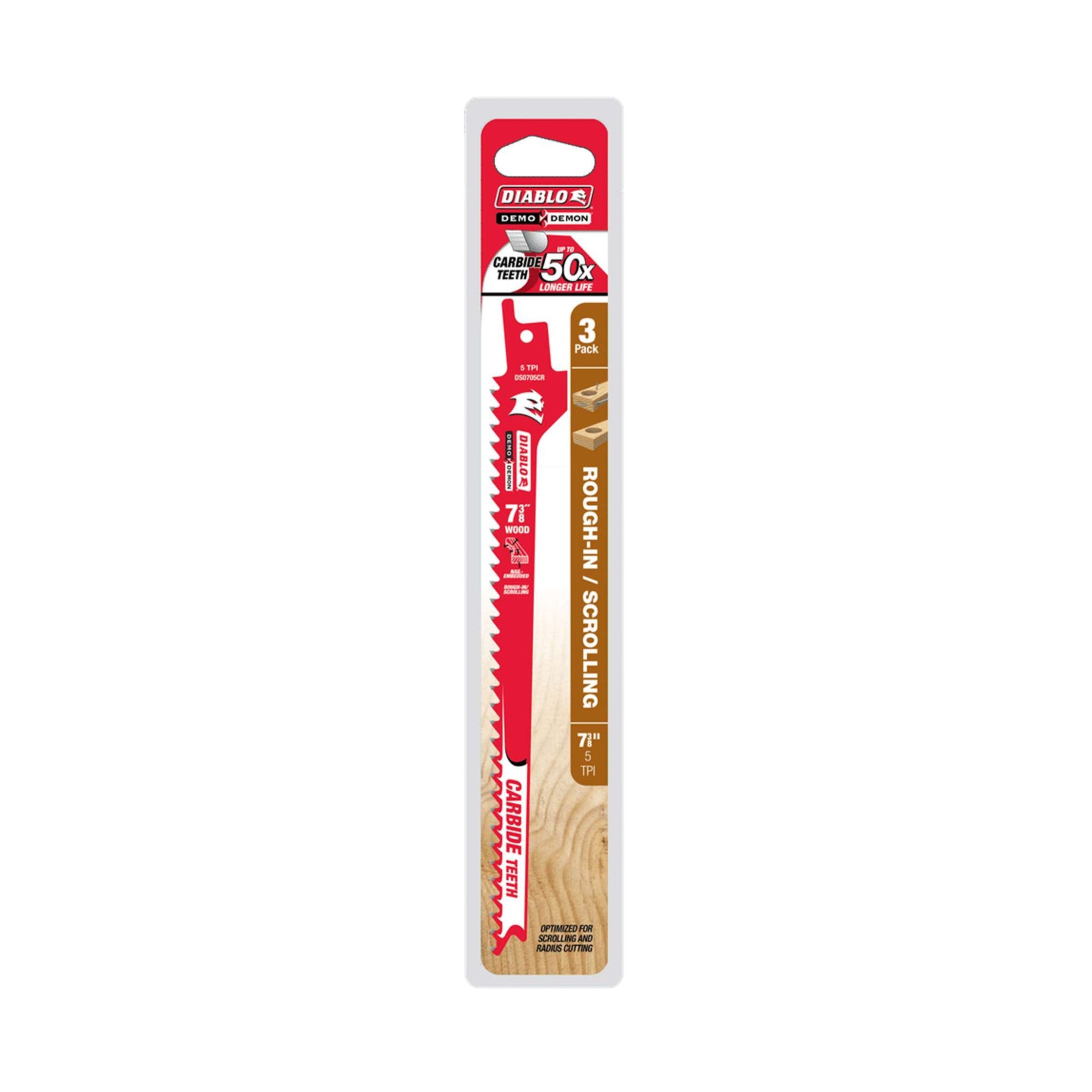 The Diablo DS0705CWR3 Demo Demon™ set of three 7-3/8 in. 5TPI carbide teeth blades for reciprocating saws comes in a red and white package, ensuring fast cuts, and features clear branding and product details on a plain white background.
