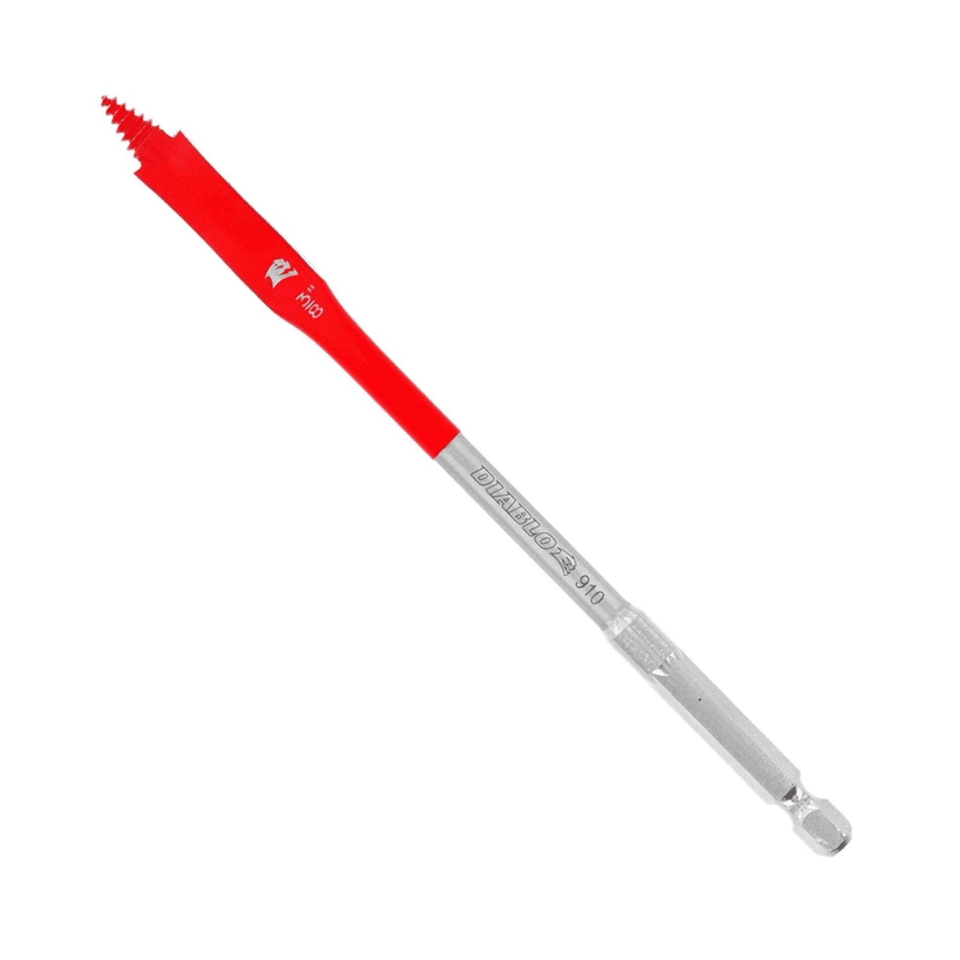 A red and silver Diablo spade bit, labeled DIABLO DSP2030 3/8 in. x 6 in., features an Impact Strong™ hex shank and SPEED-TIP™ auger for precise wood drilling. Its sleek design on a plain white background ensures optimal performance every time.
