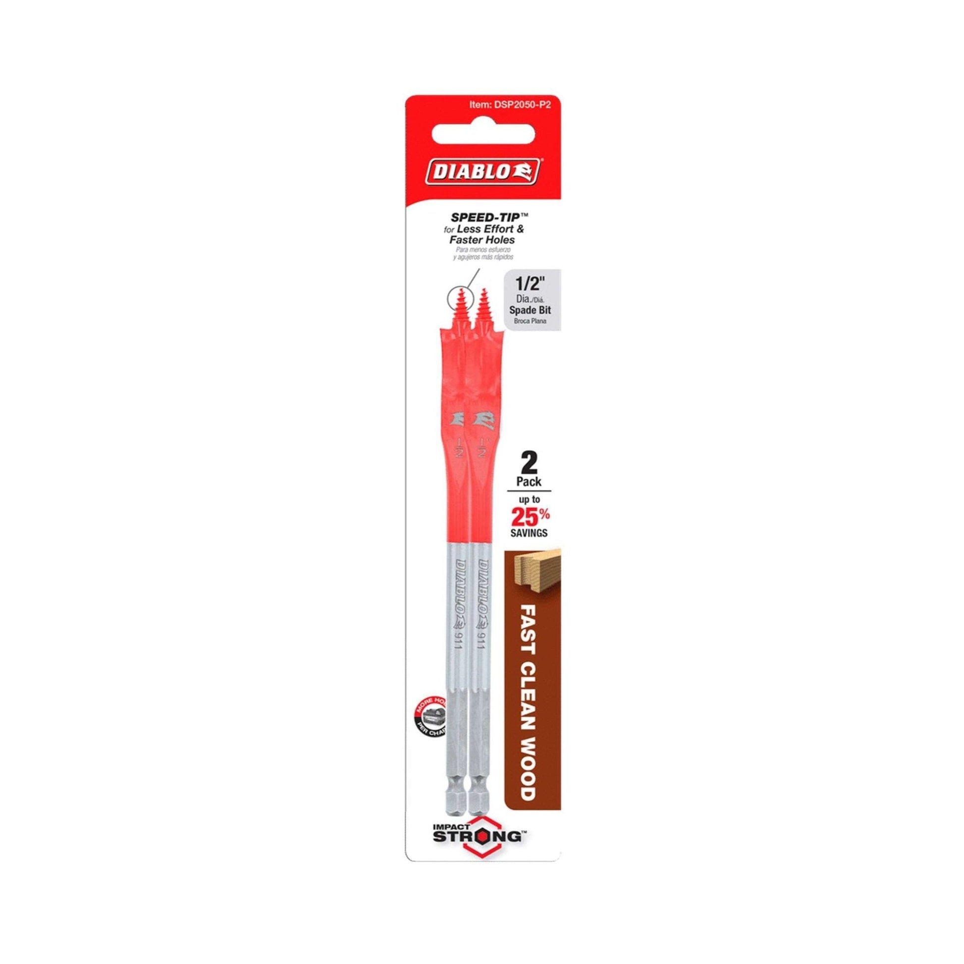 The DIABLO DSP2050-P2 pack includes two 1/2 in. x 6 in. Diablo spade bits for wood, featuring a Curved Paddle design and FAST CLEAN WOOD drilling. These red bits have a metallic shaft for enhanced Impact Strong™ performance.