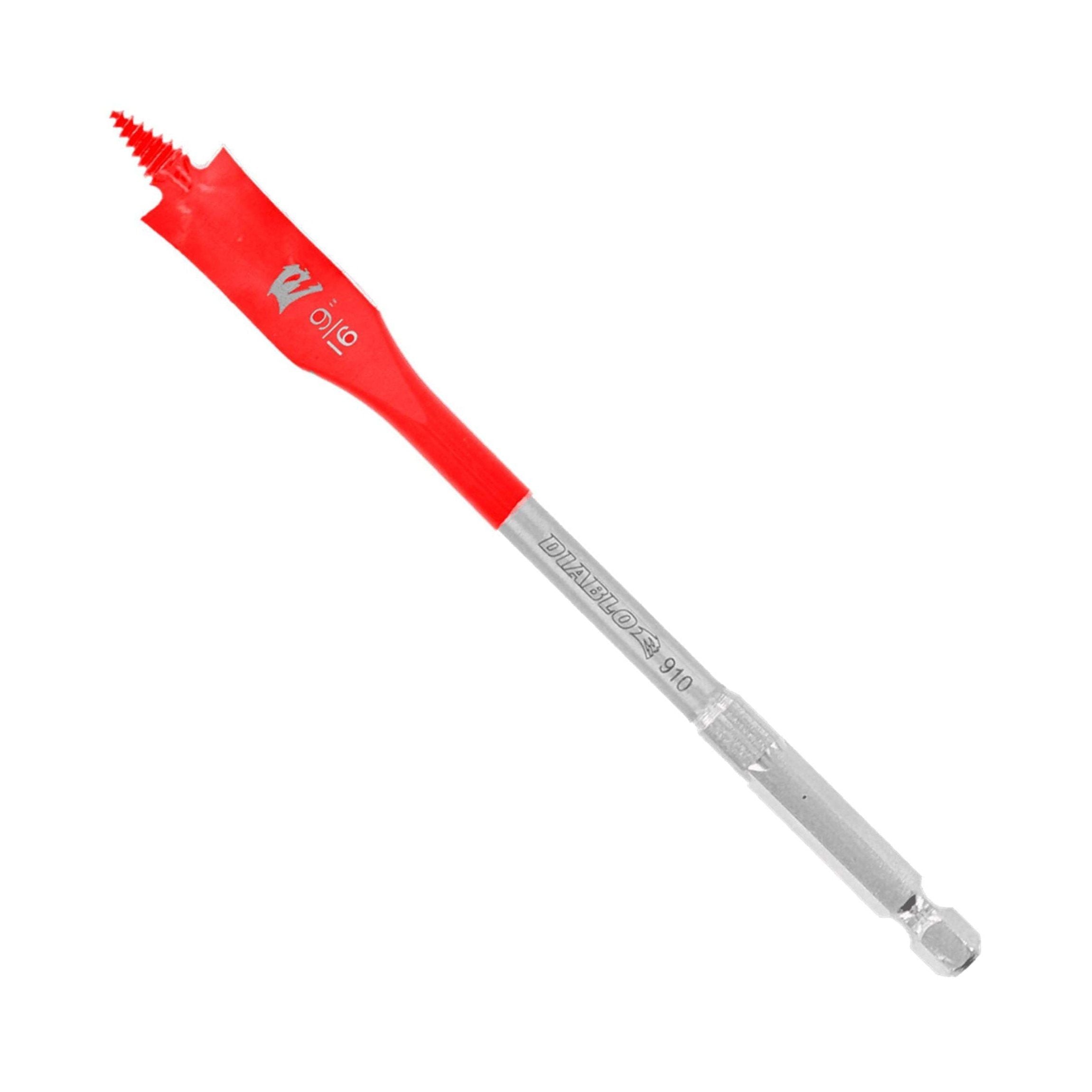 Close-up of the DIABLO DSP2060 9/16 in. x 6 in. Spade Bit for Wood by Diablo, featuring a red upper part with the size 9/16 marked and a silver lower part with an aggressive SPEED-TIP™ design and rectangular shank suitable for power tools.