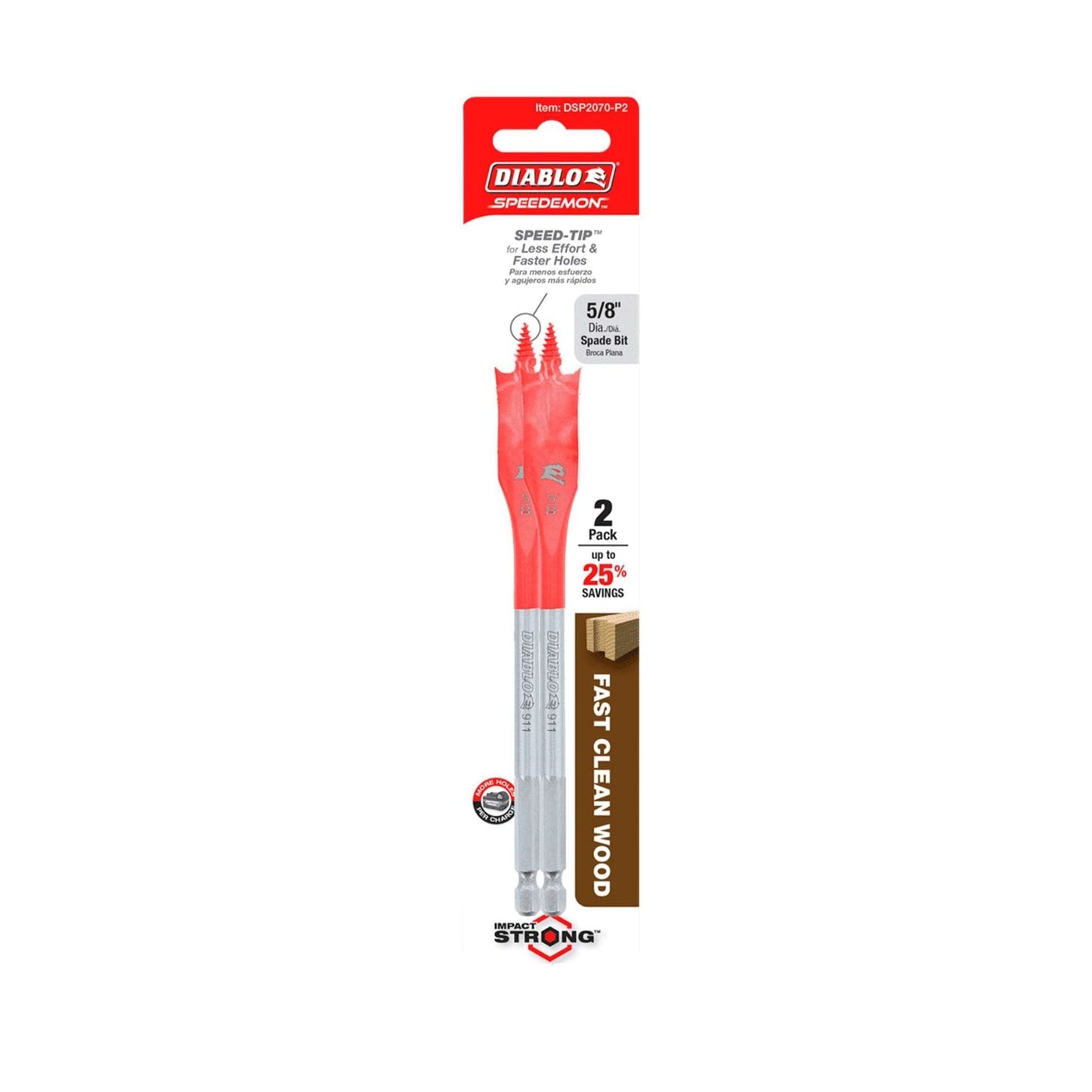 The DIABLO DSP2070-P2 5/8 in. x 6 in. Spade Bits for Wood (2-Pack) feature SPEED-TIP™ design and an optimized curved paddle for fast, clean drilling, have a red and silver finish for a 25% longer lifespan, and offer Impact Strong™ performance.