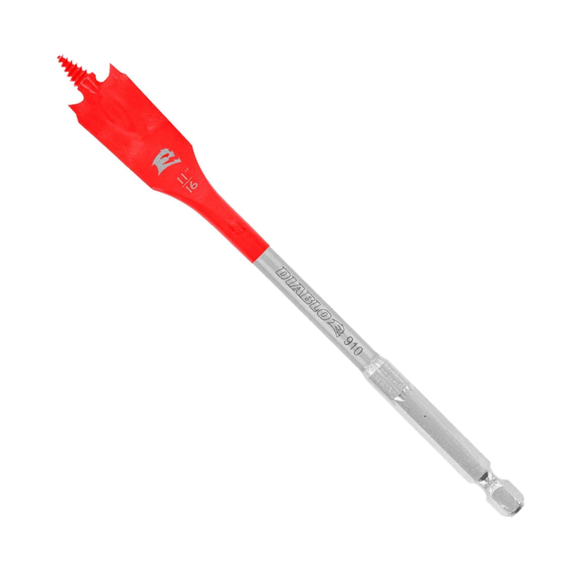 The DIABLO DSP2080 11/16 spade bit for wood, with a red Speed-Tip™ and gray shank, is labeled Diablo, engineered to be Impact Strong™, and fits standard drill chucks effortlessly.
