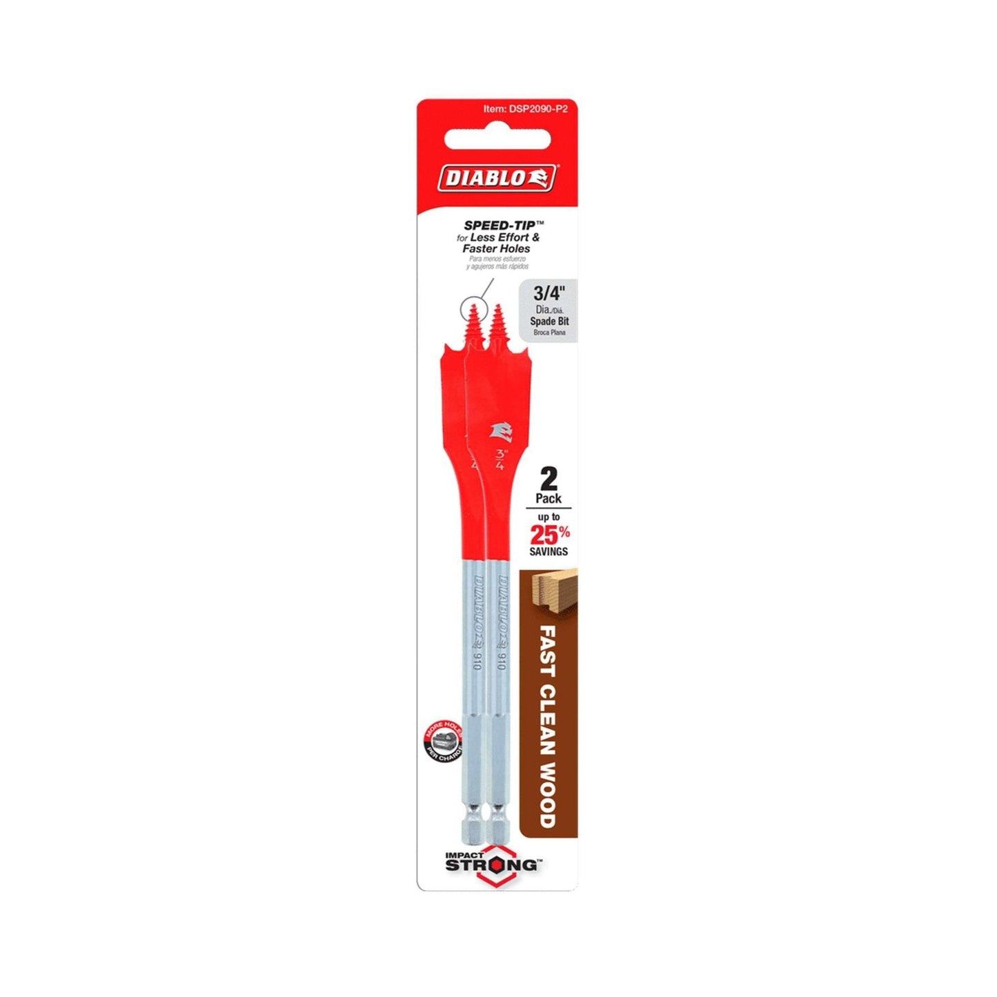 The DIABLO DSP2090-P2 3/4 in. x 6 in. Spade Bits for Wood (2-Pack) features Impact Strong™ tech for 25% faster drilling, showcased on sleek packaging with a predominantly white design and striking red accents.