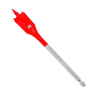 The DIABLO DSP2090 3/4 in. x 6 in. Spade Bit for Wood by Diablo comes in red and silver, incorporating Impact Strong™ technology with a flat, wide blade and hex shank. It features engravings, a SPEED-TIP™ design, and is perfect for efficiently drilling large holes in wood.