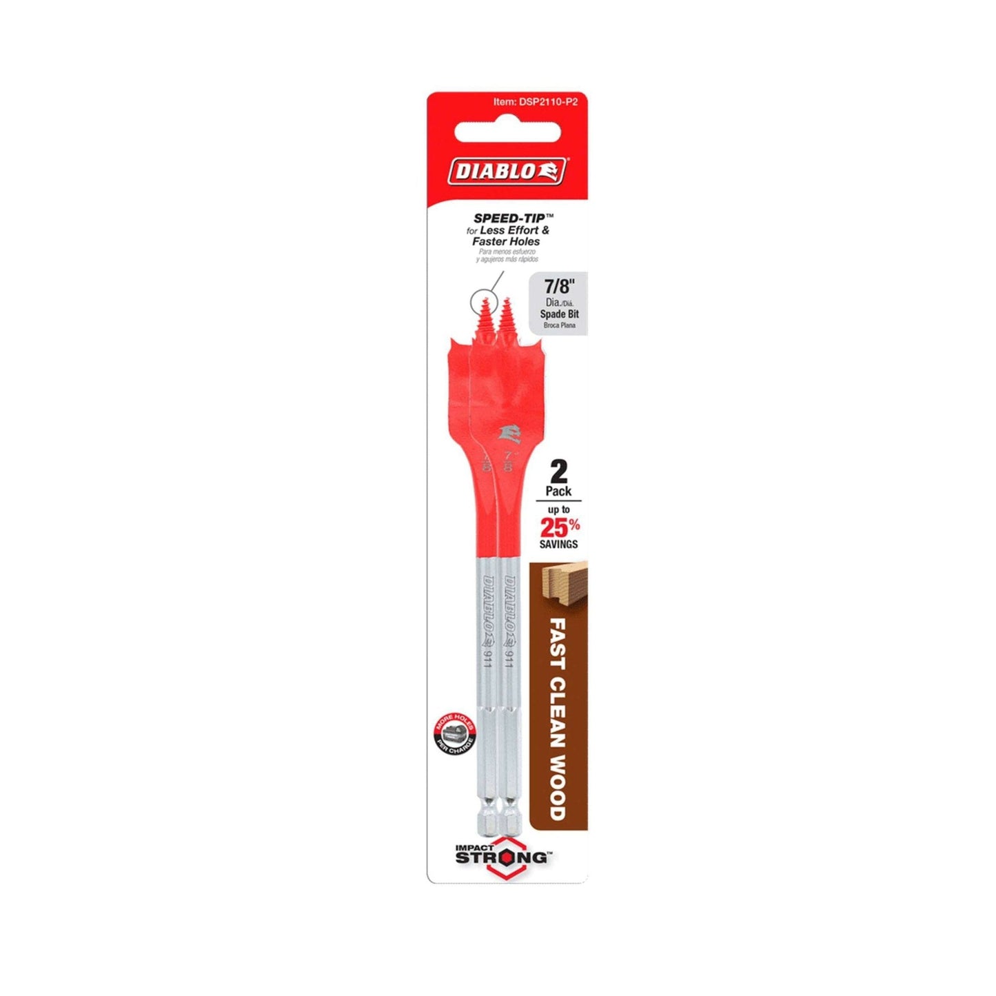 The package of the DIABLO DSP2110-P2 7/8 in. x 6 in. Spade Bits for Wood (2-Pack) by Diablo shows two red and silver bits with a Curved Paddle design, featuring Fast Clean Wood, 25% Faster, and an Impact Strong™ build.