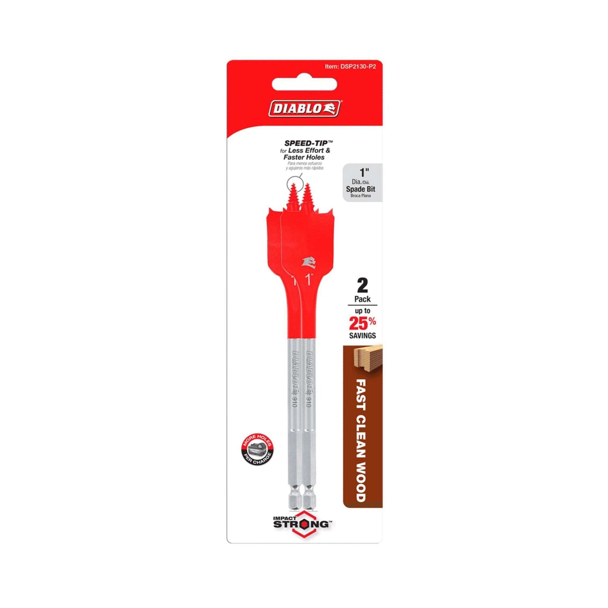 The Diablo DSP2130-P2 1 in. x 6 in. Spade Bits for Wood (2-Pack) come in a vibrant red and white packaging with Diablo prominently displayed. It includes two bits designed with SPEED-TIP™ for fast, clean wood drilling and improved efficiency.