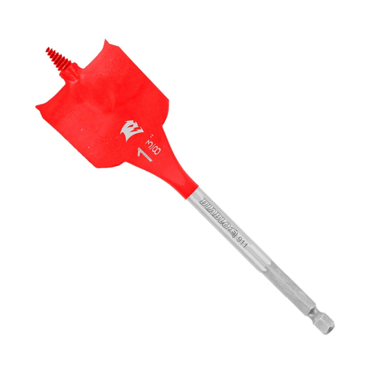 The DIABLO DSP2160 spade bit for wood, featuring a SPEED-TIP design and optimized curved paddle with markings, is shown against a plain background. It has a red tip, gray metal shaft, and hexagonal end for Impact Strong performance during use.