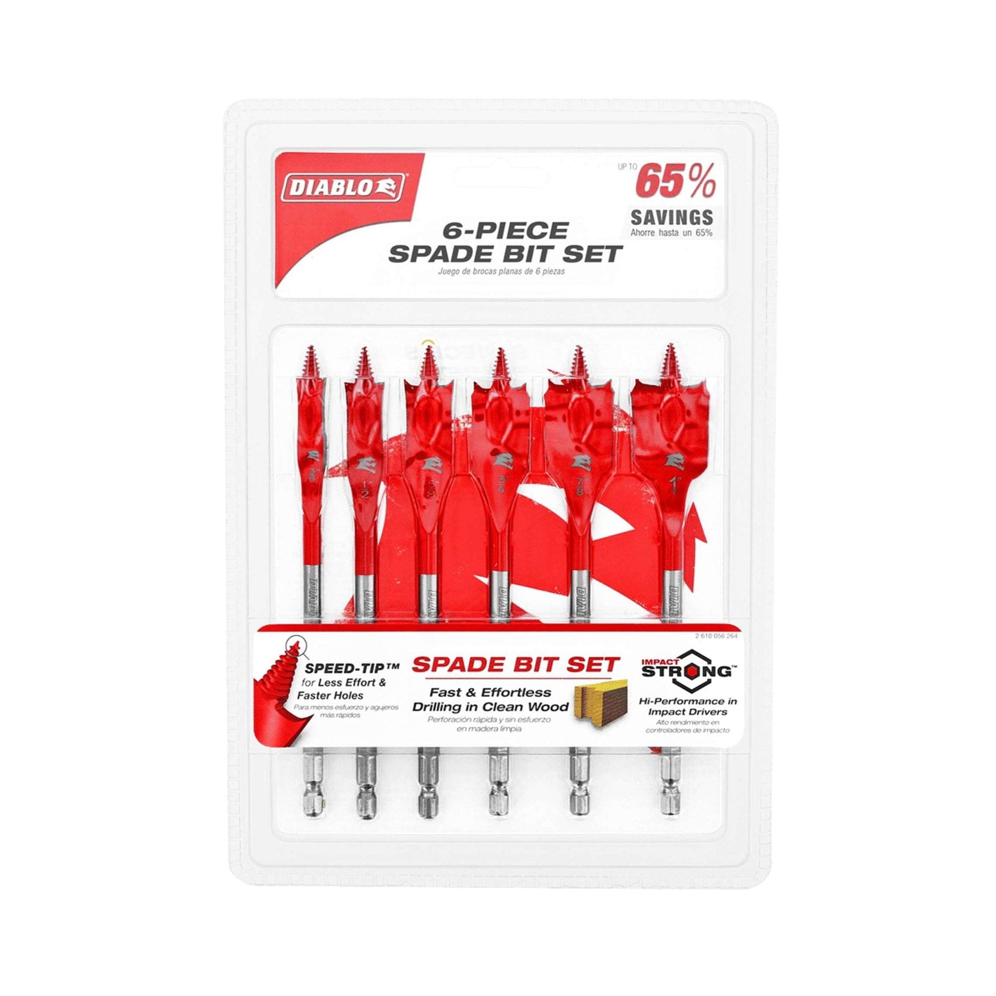 The DIABLO DSP2920-S6 6-Piece Spade Bit Set for Wood features vertically aligned vibrant red bits in a clear plastic case. Its SPEED-TIP™ design ensures faster drilling, while Impact Strong™ offers durability and efficiency with 65% savings.
