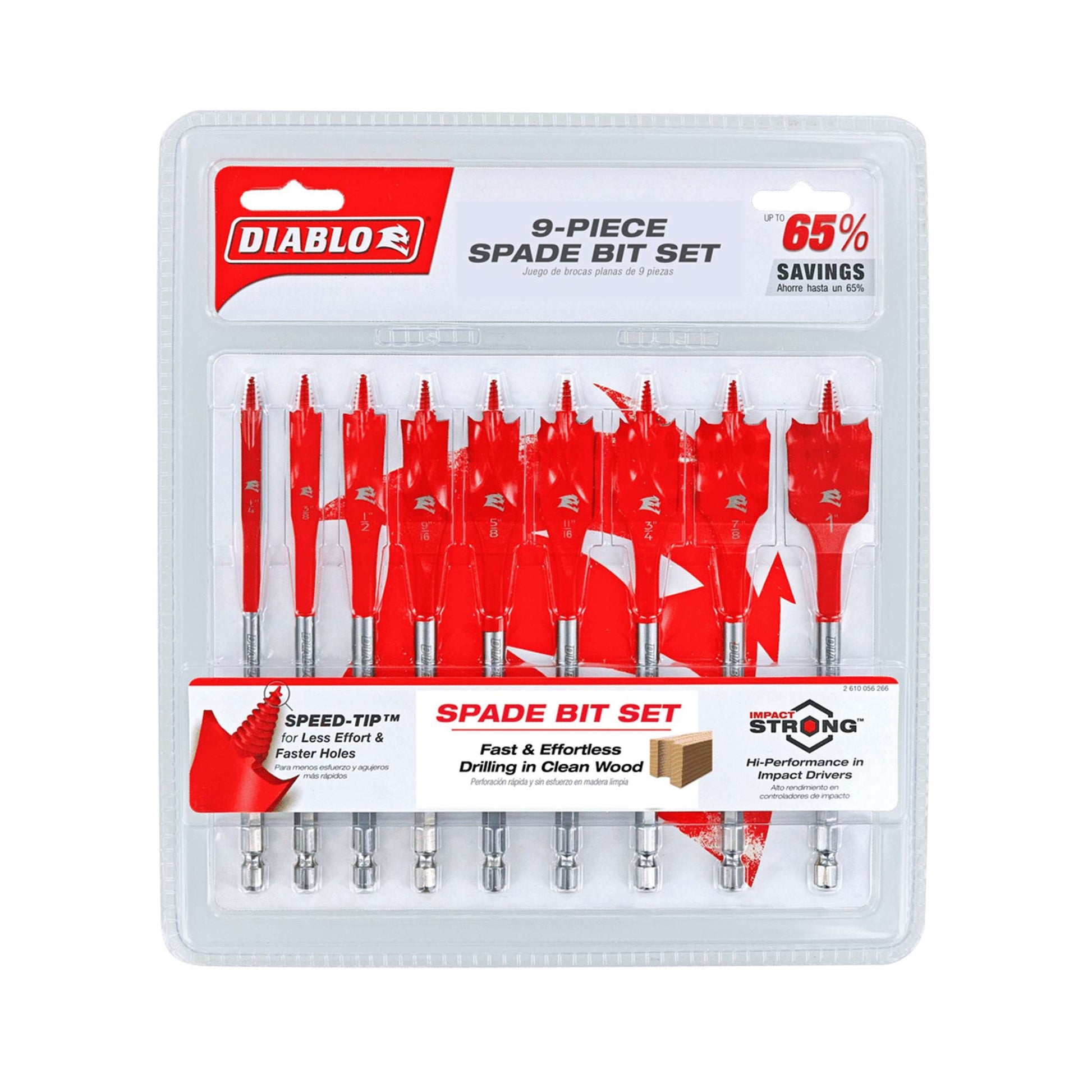 The DIABLO DSP2930-S9 9-Piece Spade Bit Set comes in a blister pack, perfect for clean wood drilling. The vibrant red packaging highlights 65% savings, SPEED-TIP™, and Impact Strong™ for enhanced joint strength and superior build quality.
