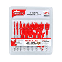 The DIABLO DSP2930-S9 9-Piece Spade Bit Set comes in a blister pack, perfect for clean wood drilling. The vibrant red packaging highlights 65% savings, SPEED-TIP™, and Impact Strong™ for enhanced joint strength and superior build quality.