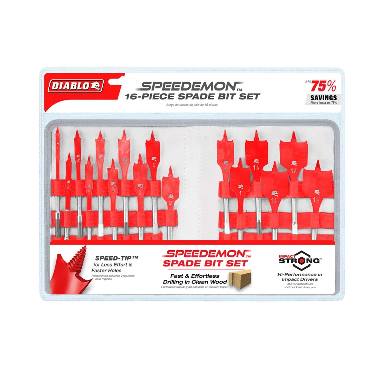 Image of the Diablo DSP2980-S16 16-Piece Spade Bit Set in packaging. The red bits display diverse sizes and shapes, highlighting the SPEED-TIP™ design for faster drilling and Impact Strong™ build for impact drivers and efficient wood cutting.