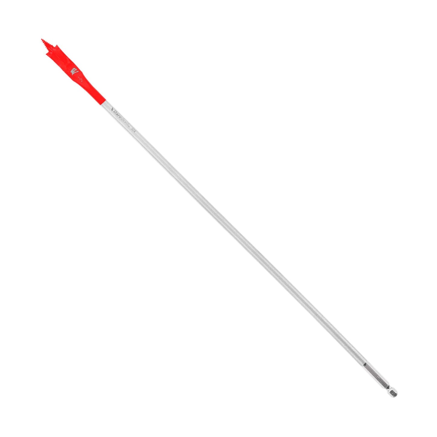 The Diablo DSP3020 is a 1/2 in. x 16 in. spade bit for wood with a streamlined, slender metal design and a red plastic tip, isolated against a plain white background to highlight its length and minimalistic appeal. The Impact Strong design ensures durability and efficiency.