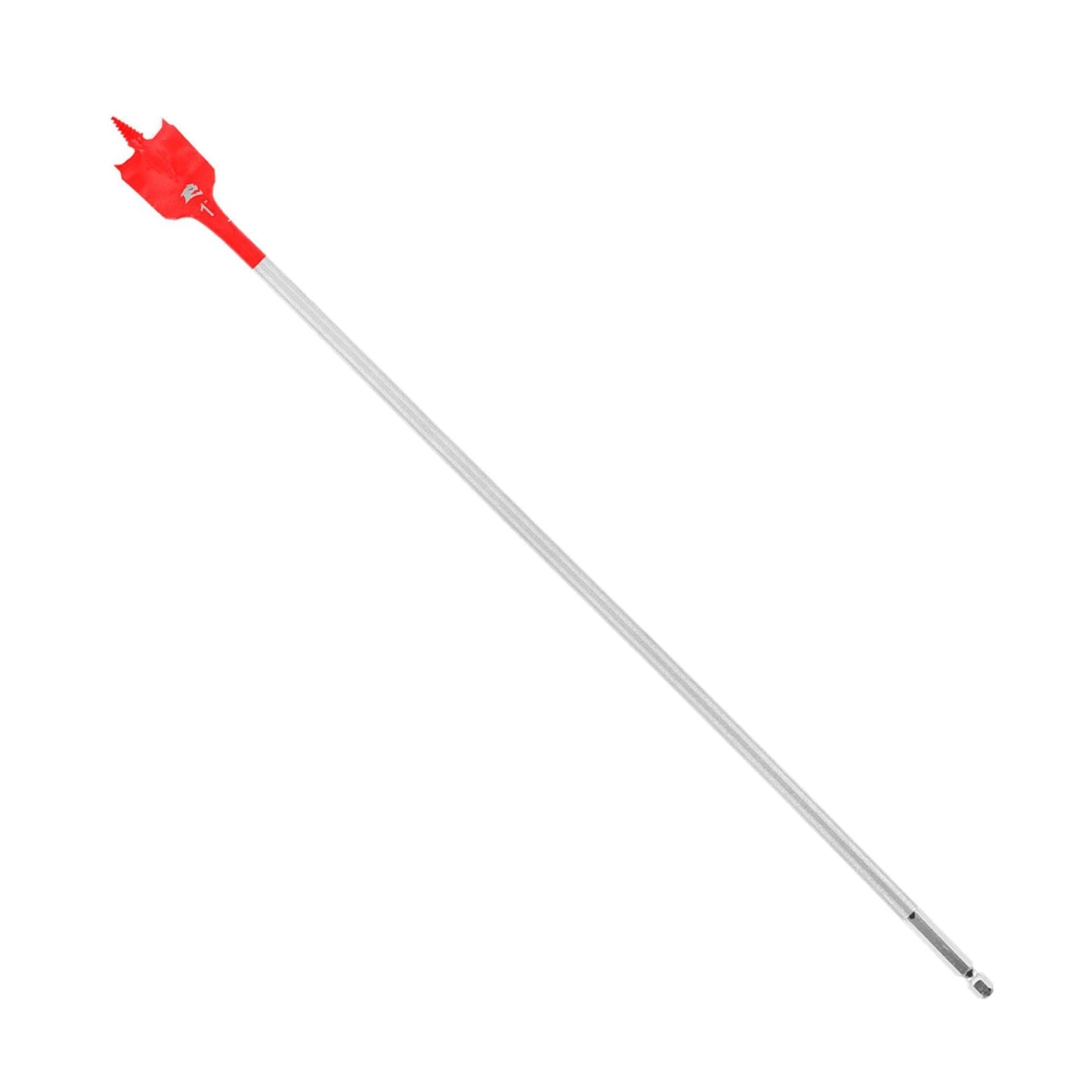 The DIABLO DSP3060 1 in. x 16 in. Spade Bit for Wood by Diablo showcases the innovative SPEED-TIP™ design with a long metal pole and red, double-pronged top against a white background for enhanced precision.