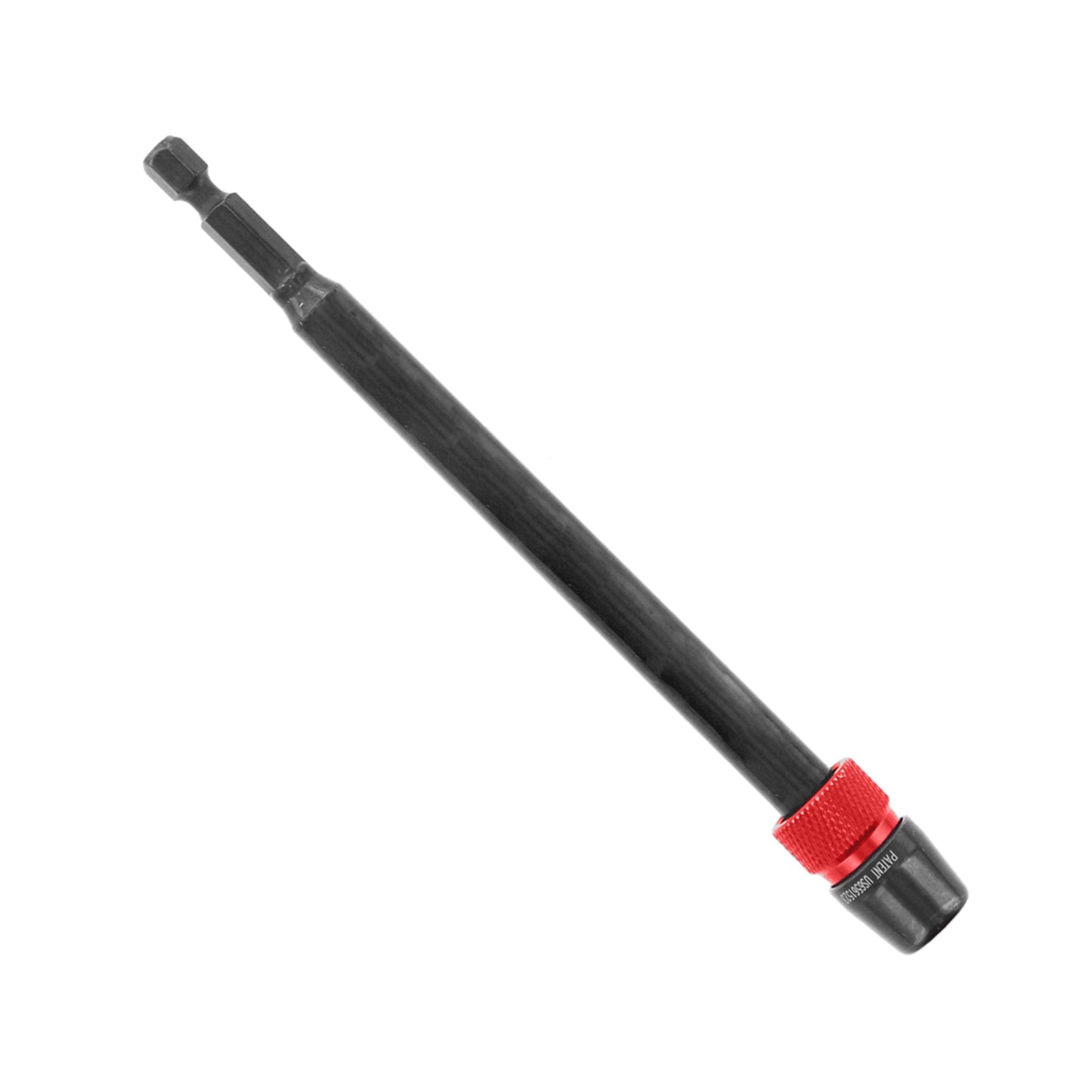 A DIABLO DXT1010, 1/4 in. x 6 in. black and red magnetic bit holder extension on a white background. This Diablo universal drill extension features a red collar near the base and a hexagonal tip for securely extending drill bit reach during power tool drilling.