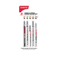 The Diablo DJT5S Jig Saw Blade 5-Piece Set for Wood & Metal features five blades for diverse cuts and highlights T-Shank Design Fits All Jig Saws, with markings for Fast Finish and Reverse Cut on different materials.