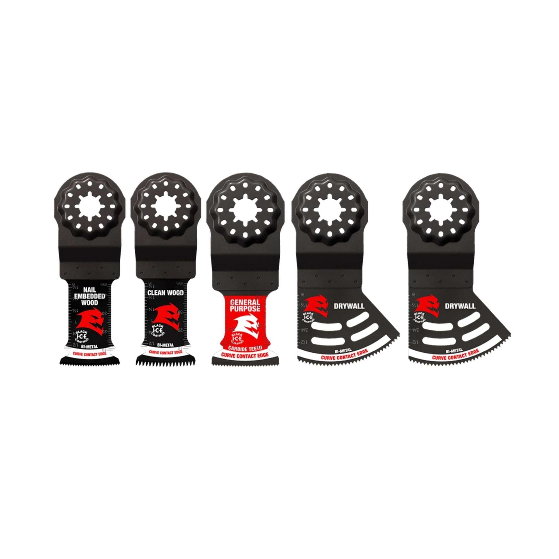 Five black DIABLO DOS5S blades, with red and white labels, are lined up. This Diablo oscillating set features carbide and bi-metal blades for hardwood, clean wood, general purposes, and drywall cutting.