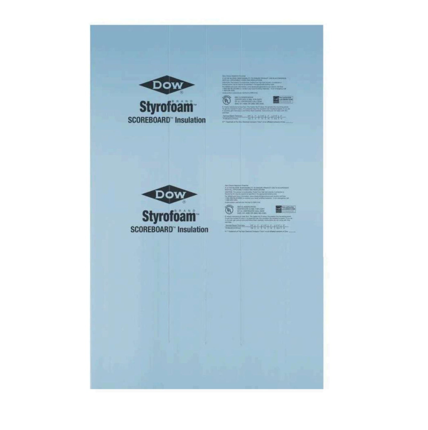 A large blue DOW 1 in. x 4 ft. x 8 ft. Styrofoam Scored Insulation Board (25 psi) features black logos, product info, and faint vertical score lines for easy cutting and improved thermal performance.