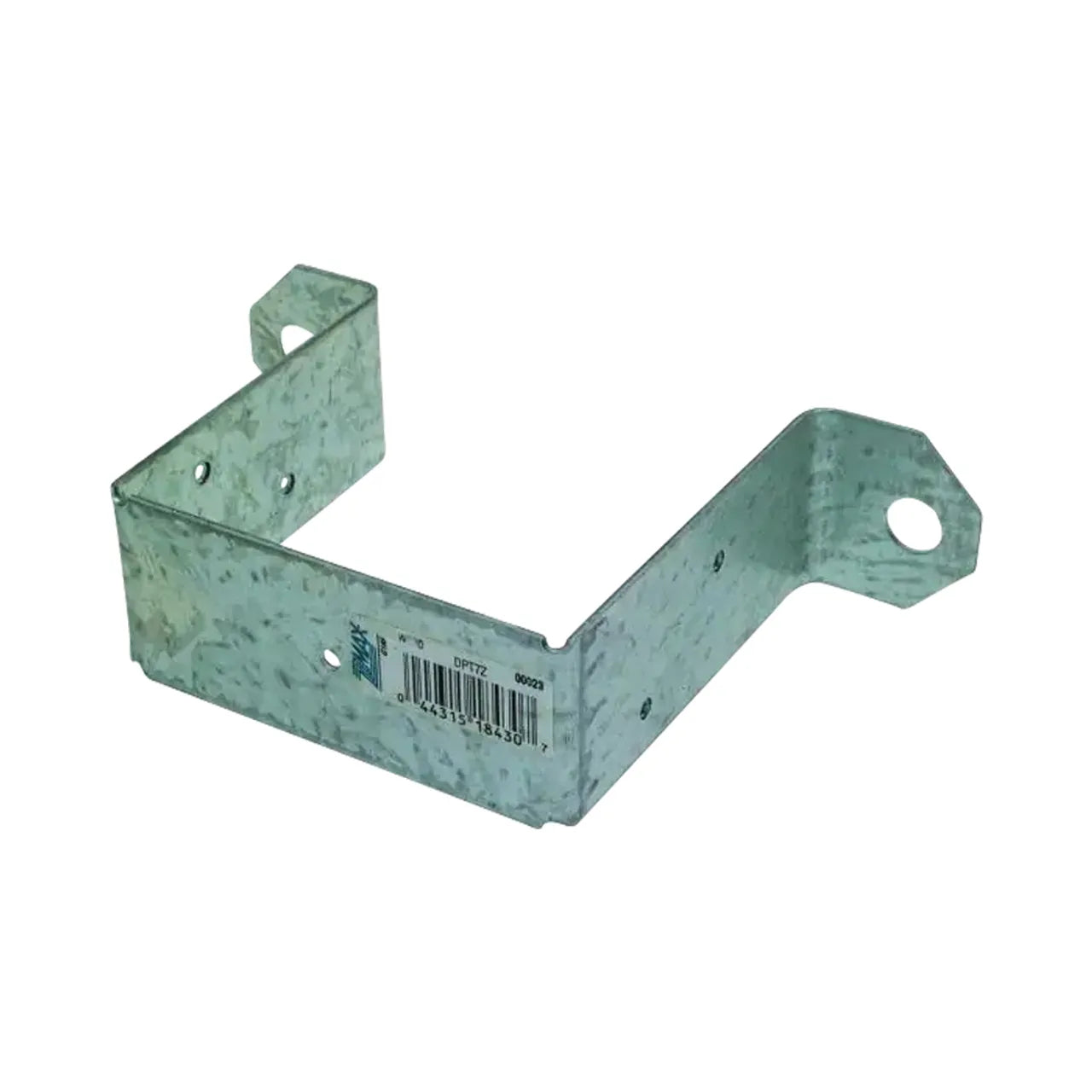 The DPTZ ZMAX Galvanized Deck Post Tie by Go Build features a U-shape, a barcode sticker, and two flanges with mounting holes. Its ZMAX finish offers durability with a sleek metallic sheen.