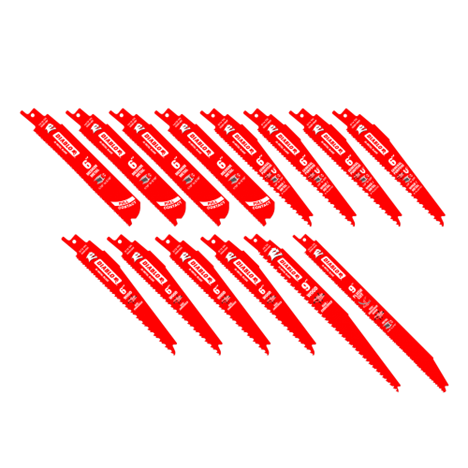 The Diablo DS0014S Set includes fourteen red bi-metal reciprocating saw blades arranged diagonally in three rows, each featuring printed text and markings. The blades vary slightly in design for cutting metal and nail-embedded wood, showcasing diverse cut patterns.