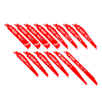 The Diablo DS0014S Set includes fourteen red bi-metal reciprocating saw blades arranged diagonally in three rows, each featuring printed text and markings. The blades vary slightly in design for cutting metal and nail-embedded wood, showcasing diverse cut patterns.