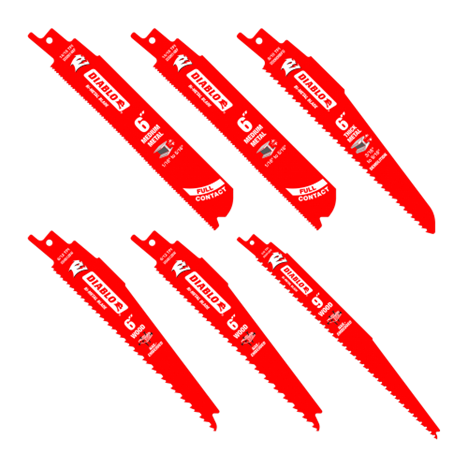 Image of the DIABLO DS006S 6-Piece Bi-Metal Reciprocating Saw Blade Set, ideal for metal demolition and cutting nail-embedded wood. The red blades are branded with white measurements and the Diablo logo, displayed in two rows of three.
