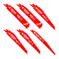 Image of the DIABLO DS006S 6-Piece Bi-Metal Reciprocating Saw Blade Set, ideal for metal demolition and cutting nail-embedded wood. The red blades are branded with white measurements and the Diablo logo, displayed in two rows of three.