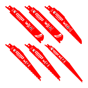 Image of the DIABLO DS006S 6-Piece Bi-Metal Reciprocating Saw Blade Set, ideal for metal demolition and cutting nail-embedded wood. The red blades are branded with white measurements and the Diablo logo, displayed in two rows of three.