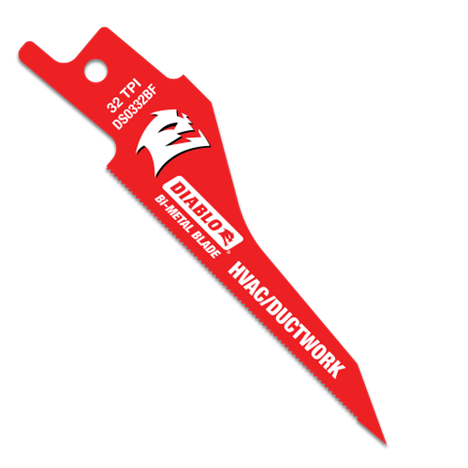 The DIABLO DS0332BF5 3-1/4 in. 32TPI bi-metal red reciprocating saw blade is designed for HVAC/ductwork, featuring Diablo HVAC/DUCTWORK, 32 TPI, and DS0323BF text, a jagged edge, unique logo near the top, and Perma-SHIELD® coating for thin metal cutting efficiency.
