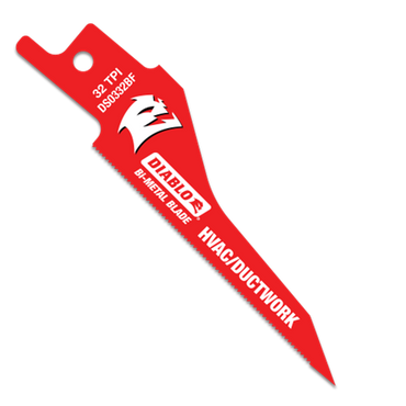 The DIABLO DS0332BF5 3-1/4 in. 32TPI bi-metal red reciprocating saw blade is designed for HVAC/ductwork, featuring Diablo HVAC/DUCTWORK, 32 TPI, and DS0323BF text, a jagged edge, unique logo near the top, and Perma-SHIELD® coating for thin metal cutting efficiency.