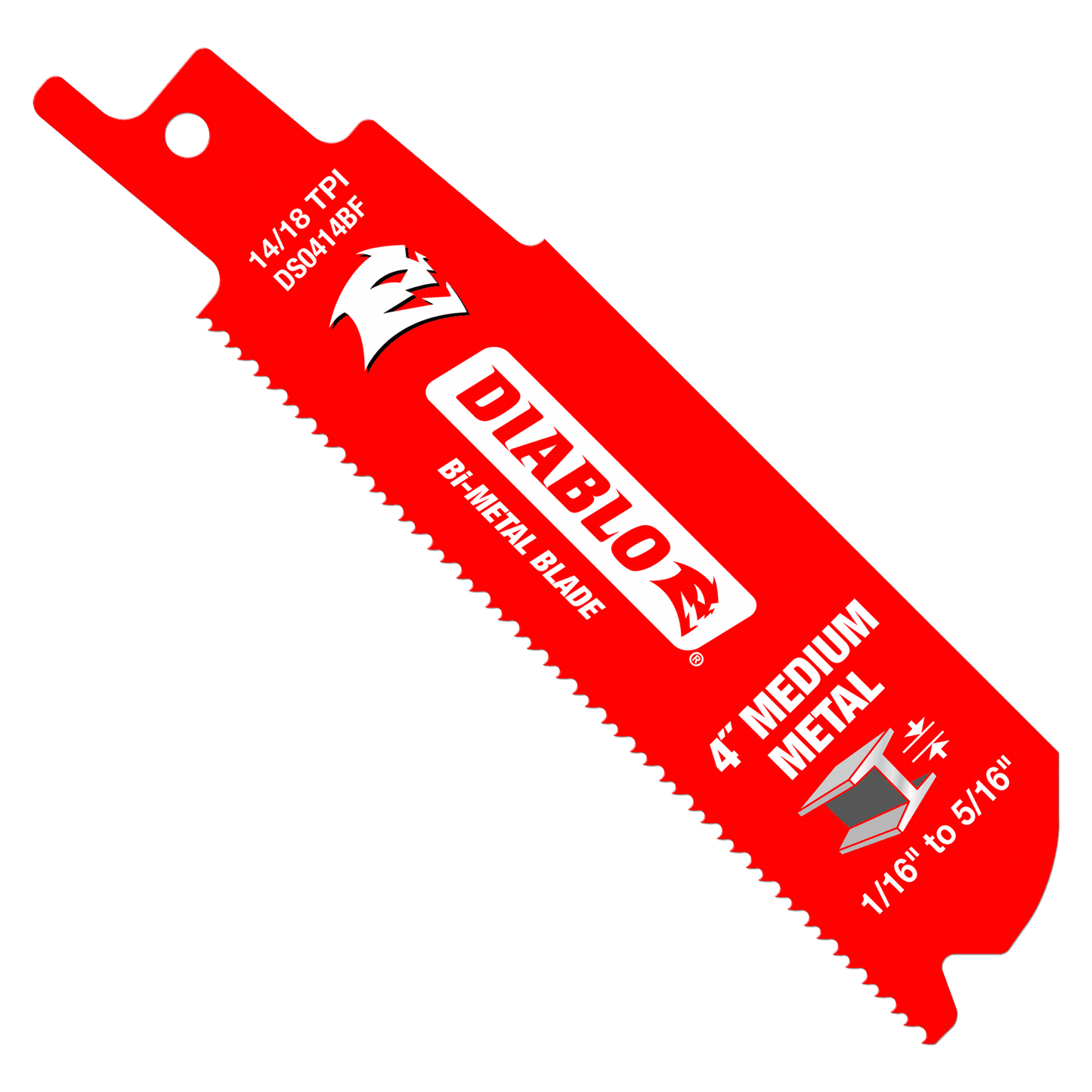 The Diablo DS0414BF5 is a 4-inch, 14/18 TPI bi-metal reciprocating saw blade suitable for medium metal. Featuring variable tooth technology and a Perma-SHIELD® coating, its ideal for cutting metal from 1/16 to 5/16 thick. Comes in a pack of five.
