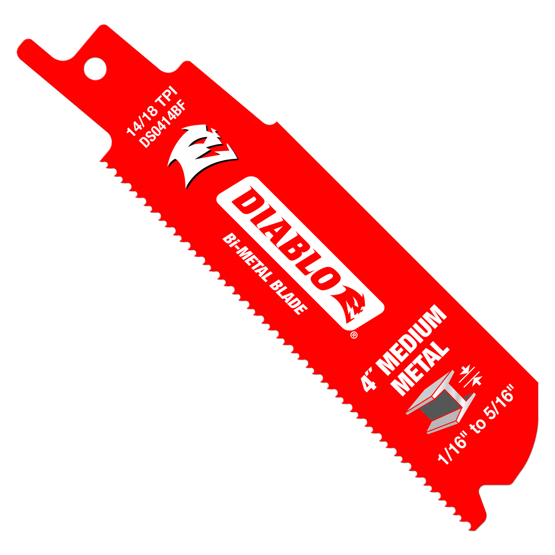 The Diablo DS0414BF5 is a 4-inch, 14/18 TPI bi-metal reciprocating saw blade suitable for medium metal. Featuring variable tooth technology and a Perma-SHIELD® coating, its ideal for cutting metal from 1/16 to 5/16 thick. Comes in a pack of five.