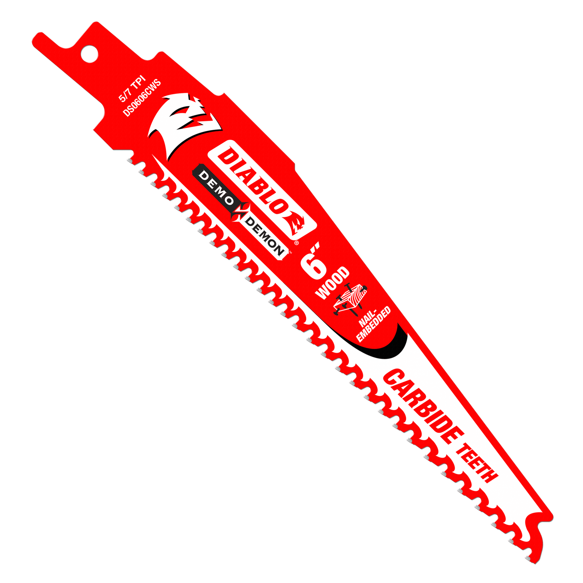 Image of a Diablo DIABLO DS0606CWS3 red and white reciprocating saw blade, ideal for cutting nail-embedded wood, featuring durable carbide teeth and 5/7 TPI text for efficiency.
