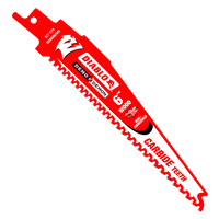 Image of a Diablo DIABLO DS0606CWS3 red and white reciprocating saw blade, ideal for cutting nail-embedded wood, featuring durable carbide teeth and 5/7 TPI text for efficiency.