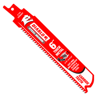 The image features a Diablo DS0608CF3 Steel Demon reciprocating saw blade, prominent in red with bold white text: 6 inch, thick metal, carbide teeth. Ideal for extreme metal cutting, its tooth design and power tool graphic make it perfect for slicing through stainless steel effortlessly.