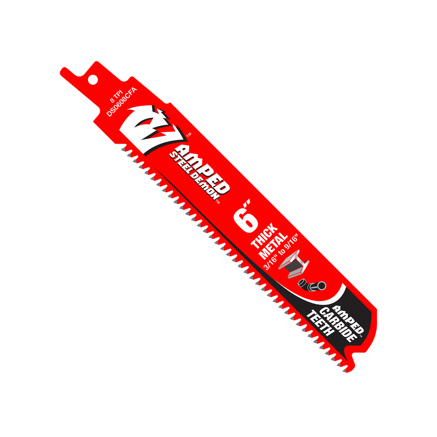 The DIABLO DS0608CFA3 is a 6-inch, 8 TPI AMPED™ Steel Demon™ blade pack (3 blades) by Diablo, perfect for cutting thick metal. Featuring durable carbide teeth with TiCo Hi-Density carbide, it includes a bold D logo and icons for drilling/cutting.