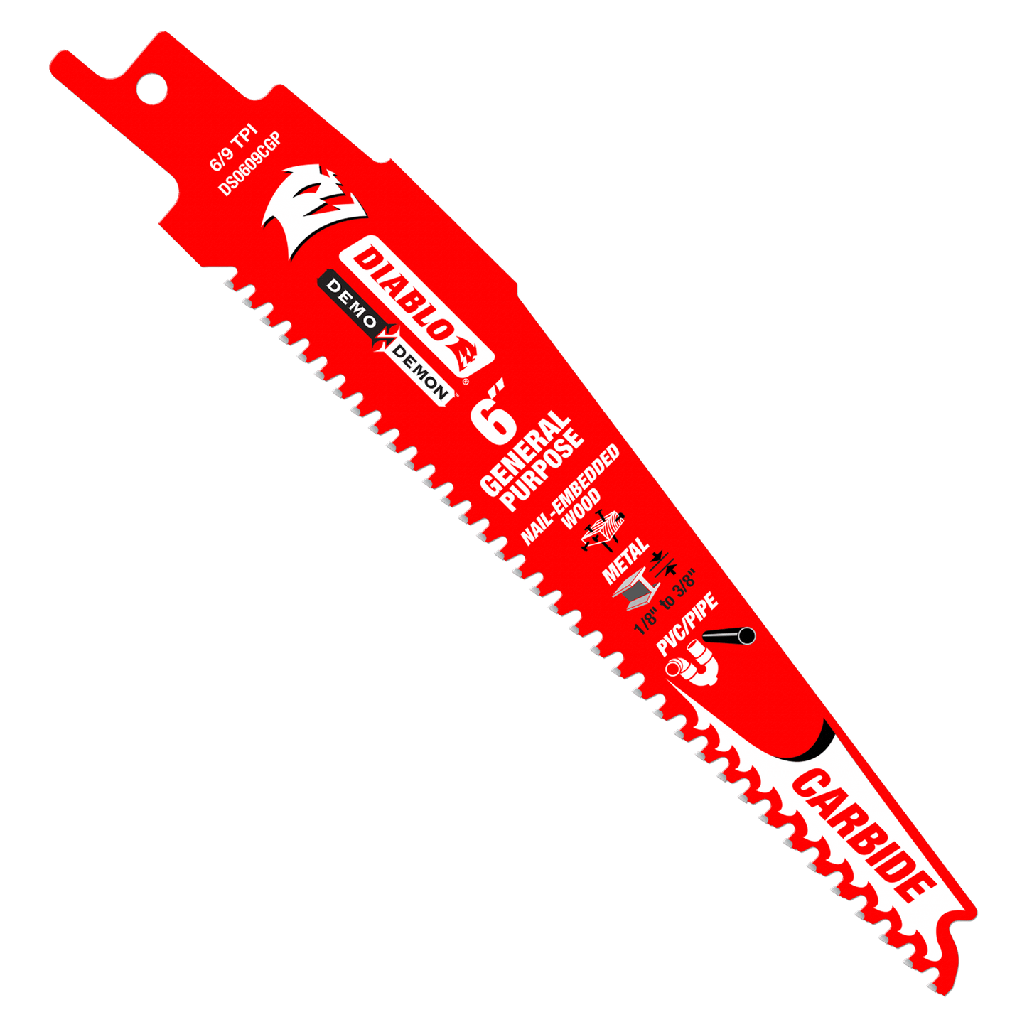 The Diablo DIABLO DS0609CGP3 6-inch, 6/9 TPI Demo Demon™ reciprocating saw blade is perfect for general purpose cuts, featuring carbide teeth for wood with nails and metal cutting; its efficient variable tooth design stands out against a sleek black backdrop.