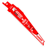 The Diablo DIABLO DS0609CGP3 6-inch, 6/9 TPI Demo Demon™ reciprocating saw blade is perfect for general purpose cuts, featuring carbide teeth for wood with nails and metal cutting; its efficient variable tooth design stands out against a sleek black backdrop.