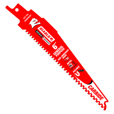 The Diablo DIABLO DS0609CGP3 6-inch, 6/9 TPI Demo Demon™ reciprocating saw blade is perfect for general purpose cuts, featuring carbide teeth for wood with nails and metal cutting; its efficient variable tooth design stands out against a sleek black backdrop.