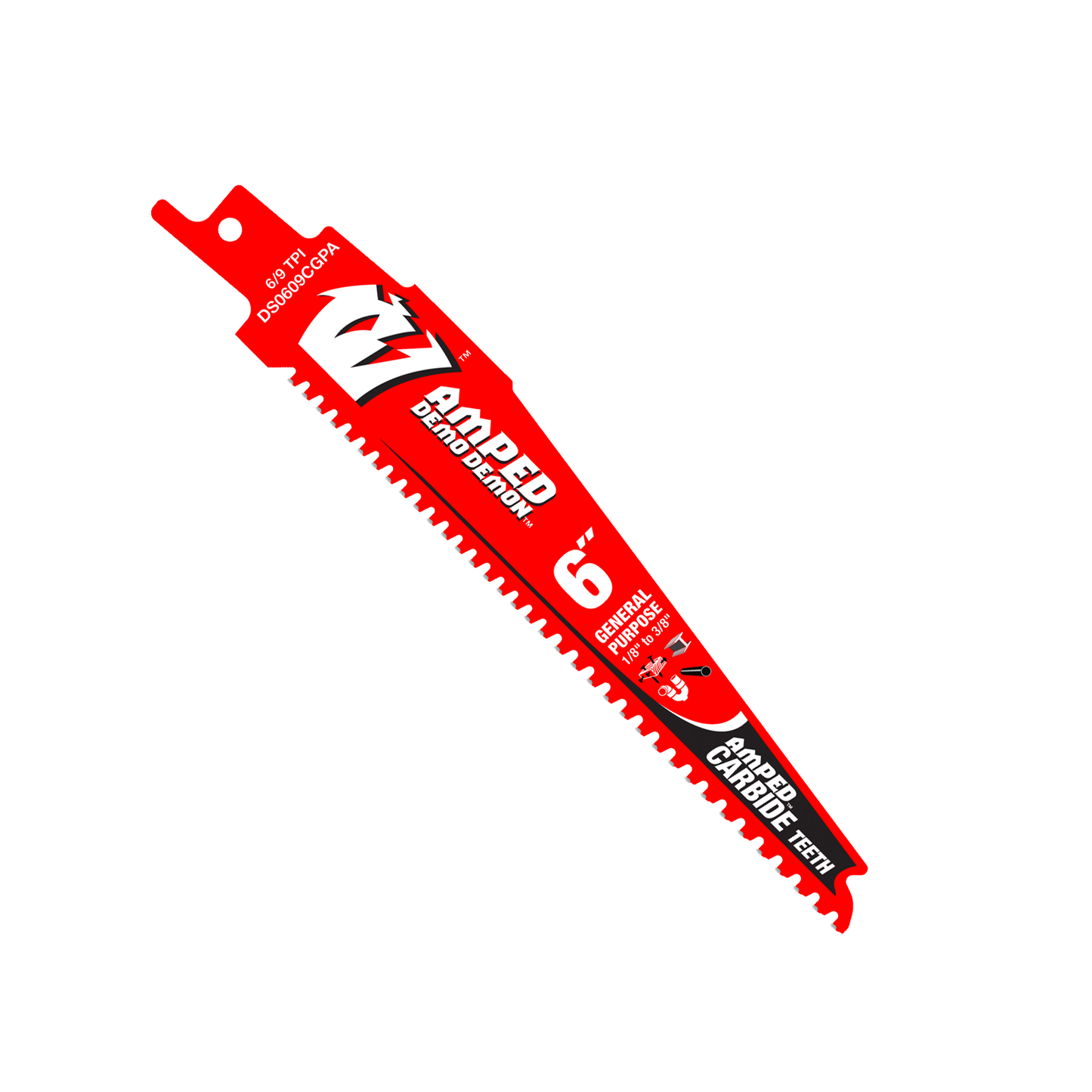 The Diablo DS0609CGPA3 reciprocating saw blade, marked Demo Demon and featuring carbide teeth with 6/9 TPI, is a high-performance 6-inch blade designed for general purpose cuts in tough materials.