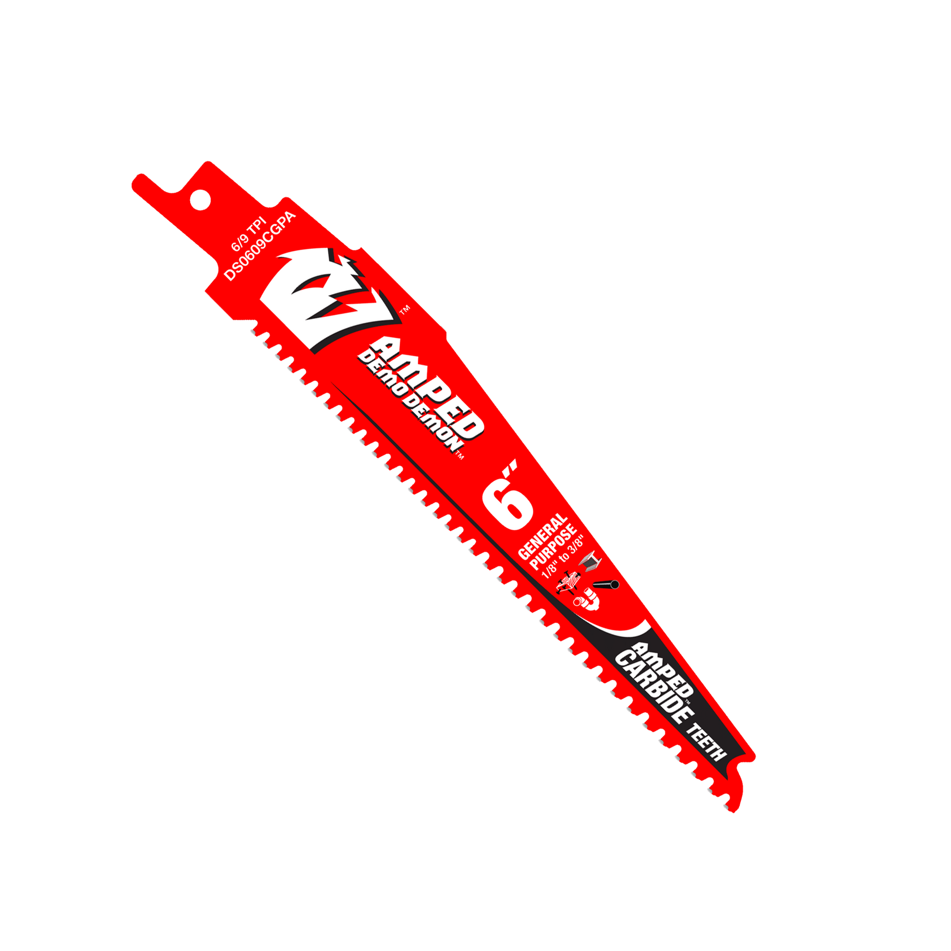 The Diablo DS0609CGPA3 reciprocating saw blade, marked Demo Demon and featuring carbide teeth with 6/9 TPI, is a high-performance 6-inch blade designed for general purpose cuts in tough materials.