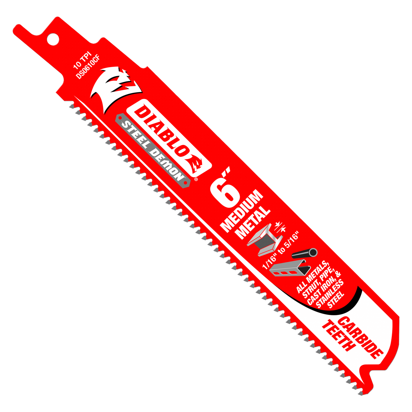 Image of a 6-inch Diablo DS0610CF3 Steel Demon reciprocating saw blade with Steel Demon™ Carbide Teeth and TiCo Hi-Density carbide, perfect for cutting medium metal. It features 10 TPI and handles thicknesses from 1/16 to 3/16 inches.