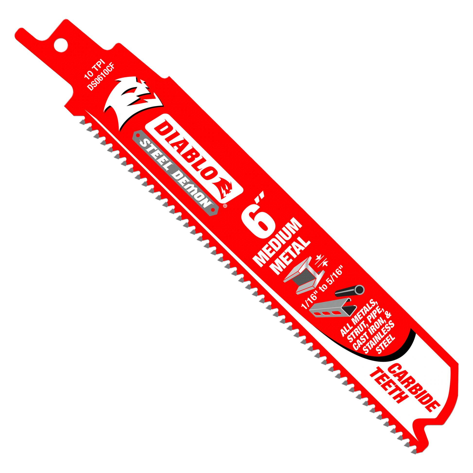 Image of a 6-inch Diablo DS0610CF3 Steel Demon reciprocating saw blade with Steel Demon™ Carbide Teeth and TiCo Hi-Density carbide, perfect for cutting medium metal. It features 10 TPI and handles thicknesses from 1/16 to 3/16 inches.