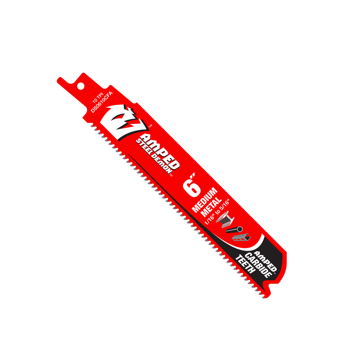 The Diablo DS0610CFA3, a 6 in. 10 TPI reciprocating saw blade with AMPED™ Steel Demon™ Carbide Teeth and a triangular tip, ensures long life and durability for medium metal jobs.