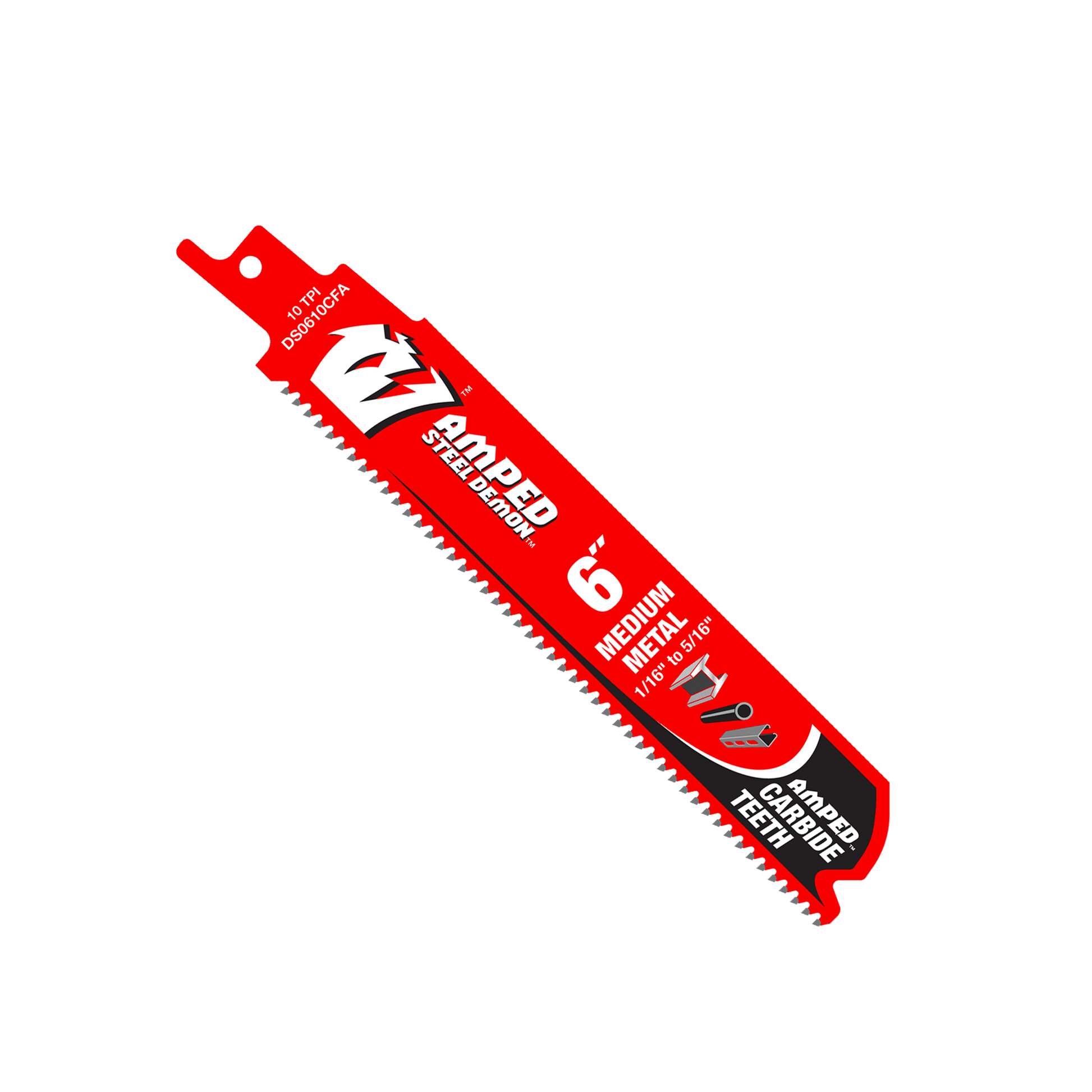 The Diablo DS0610CFA3, a 6 in. 10 TPI reciprocating saw blade with AMPED™ Steel Demon™ Carbide Teeth and a triangular tip, ensures long life and durability for medium metal jobs.