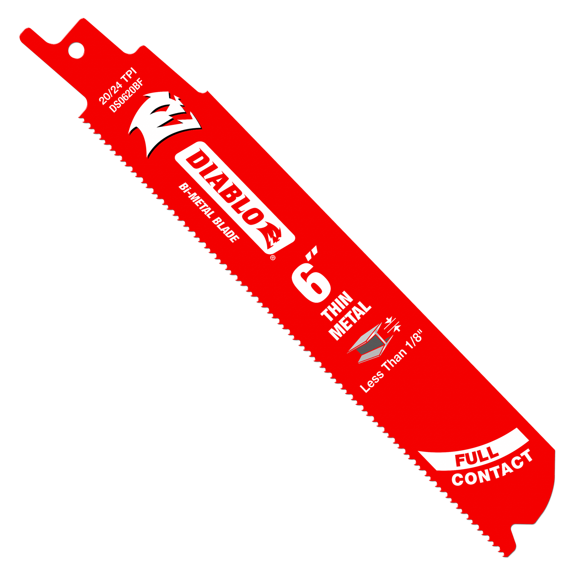 The Diablo DS0620BF5 6-inch 20/24 TPI Bi-Metal Reciprocating Saw Blades come in a 5-pack and feature an ultra-hardened cutting edge ideal for thin metal. Clear branding and usage directions are printed in white on the blades.
