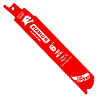 The Diablo DS0620BF5 6-inch 20/24 TPI Bi-Metal Reciprocating Saw Blades come in a 5-pack and feature an ultra-hardened cutting edge ideal for thin metal. Clear branding and usage directions are printed in white on the blades.
