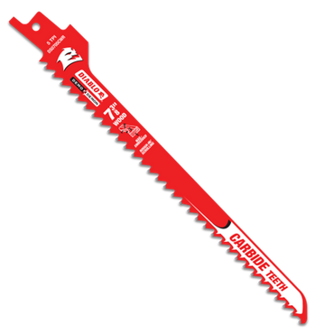 The red Diablo DIABLO DS0705CWR3 Demo Demon™ blade is designed for wood cutting with sharp carbide teeth and a durable Perma-SHIELD coating. It features specs and branding, showcasing its 5 TPI in crisp white text.