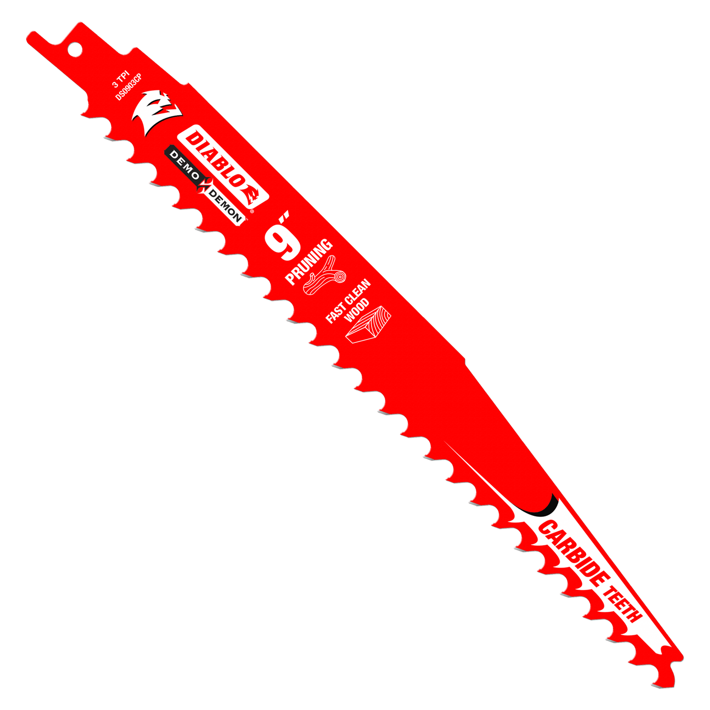 The Diablo DS0903CP3 9 in. Demo Demon™ Carbide Tipped Reciprocating Saw Blade, with its aggressive carbide tooth geometry and pointed tip, is ideal for fast clean pruning.